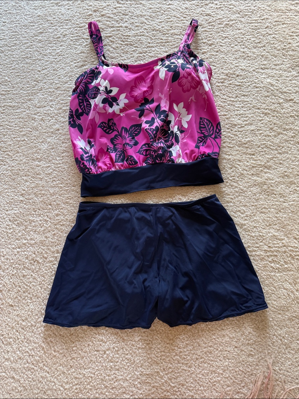 Kim Rogers Pink Floral Tankini Top with Black Swim Shorts